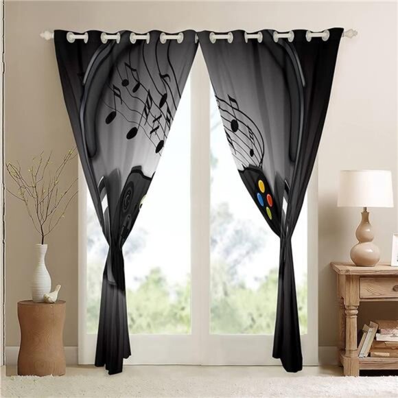 Games Curtains Black Grey Headphones Musical Notes Design Gamepad Window Curtain - Picture 4 of 7